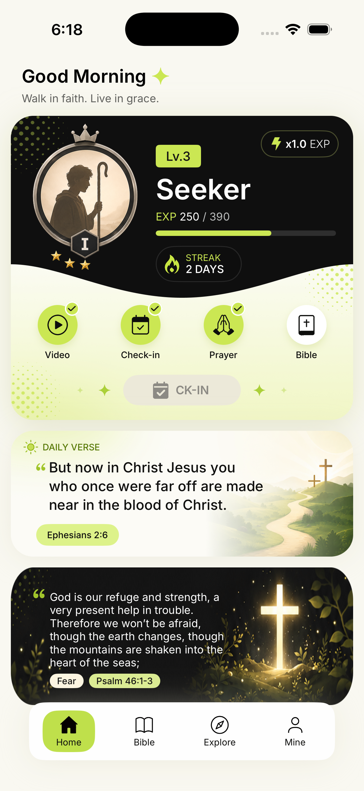VerseGlow home screen showing daily faith progress and Scripture